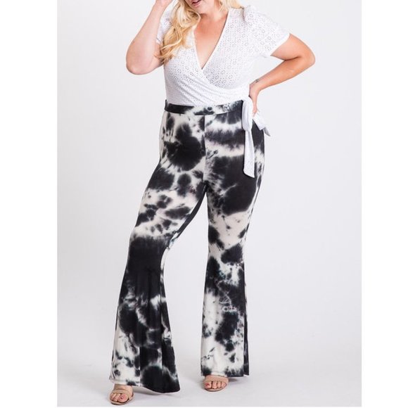 Plus Black Tie Dye Bell Bottom Flare Leg Pants - Picture 3 of 6